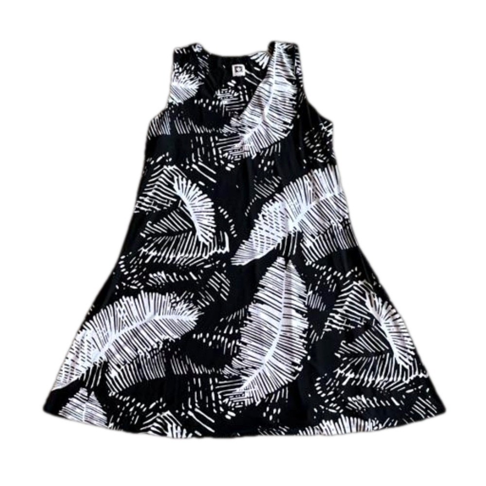 Anne Klein Sleeveless Tropical Monochrome Palm Frond Midi Dress - Picture 2 of 11